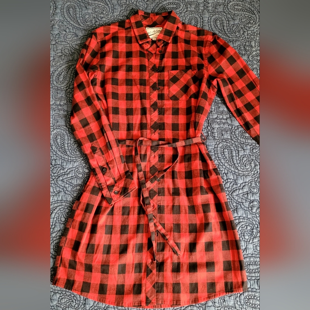BC Clothing Red BlackBuffalo Plaid Shirt Dress Long Sleeve Belted Size M